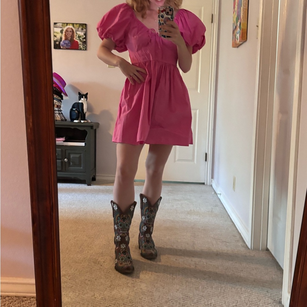 A New Day Pink V-Neck Puff Sleeve Mini Dress